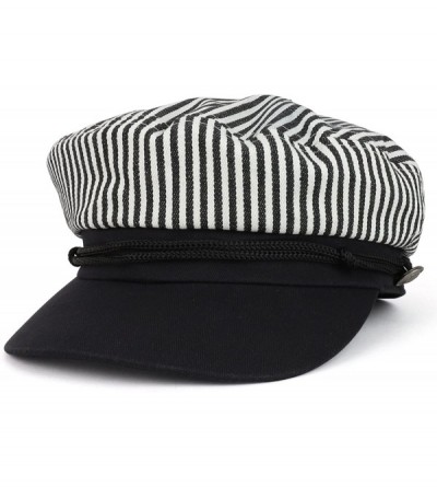Newsboy Caps Greek Sailor Fisherman Stripe Crown Baker Boy Hat with Rope Band - Black White - CE18C9XY9YZ $62.41