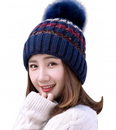 Skullies & Beanies Women Winter Knit Beanie Hat- PH Winter Soft Hat Thickened Windproof Cap- with Faux Fur Pompom - Navy Blue...