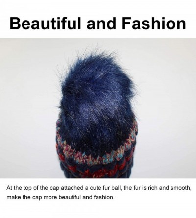 Skullies & Beanies Women Winter Knit Beanie Hat- PH Winter Soft Hat Thickened Windproof Cap- with Faux Fur Pompom - Navy Blue...