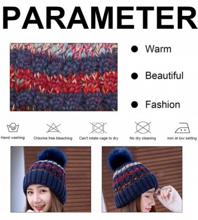 Skullies & Beanies Women Winter Knit Beanie Hat- PH Winter Soft Hat Thickened Windproof Cap- with Faux Fur Pompom - Navy Blue...