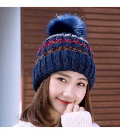 Skullies & Beanies Women Winter Knit Beanie Hat- PH Winter Soft Hat Thickened Windproof Cap- with Faux Fur Pompom - Navy Blue...