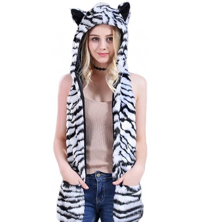 Bomber Hats Animal Hood Faux Fur Hat with Scarfs Mittens Ears and Paws 3 in 1 Soft Warm Winter Headwear - White Tiger - CF18K...