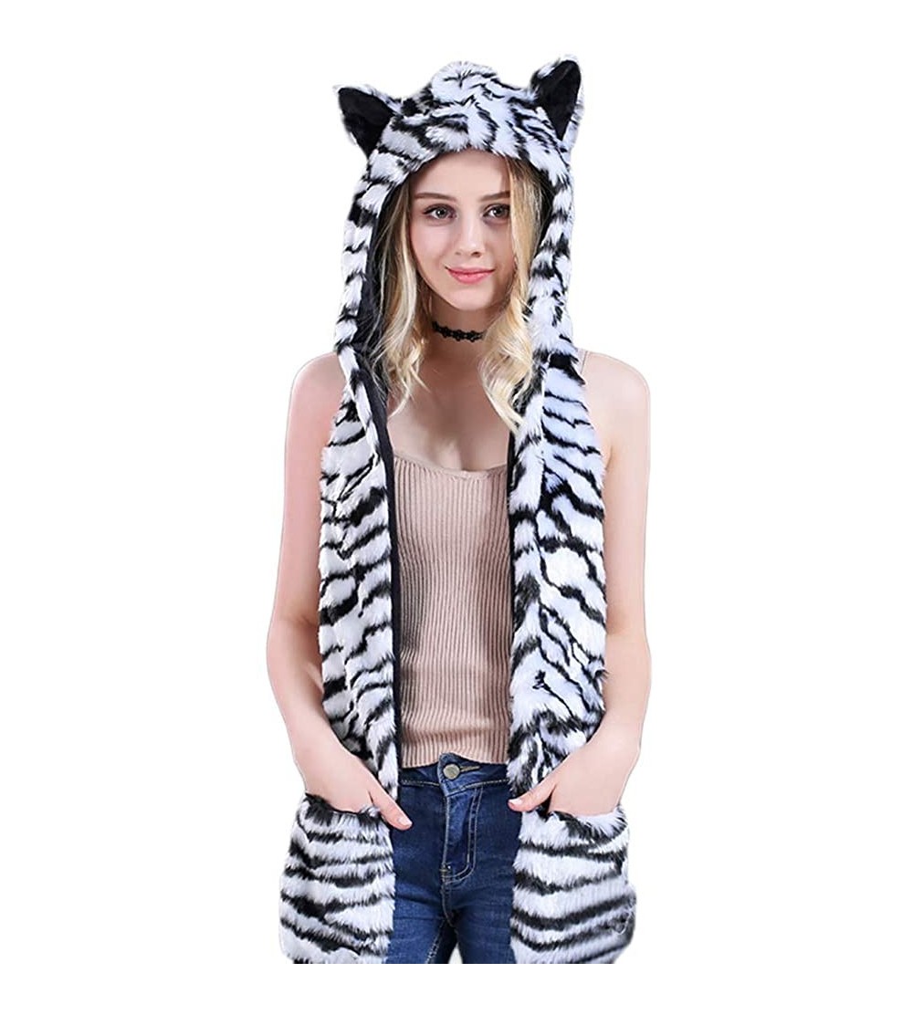 Bomber Hats Animal Hood Faux Fur Hat with Scarfs Mittens Ears and Paws 3 in 1 Soft Warm Winter Headwear - White Tiger - CF18K...