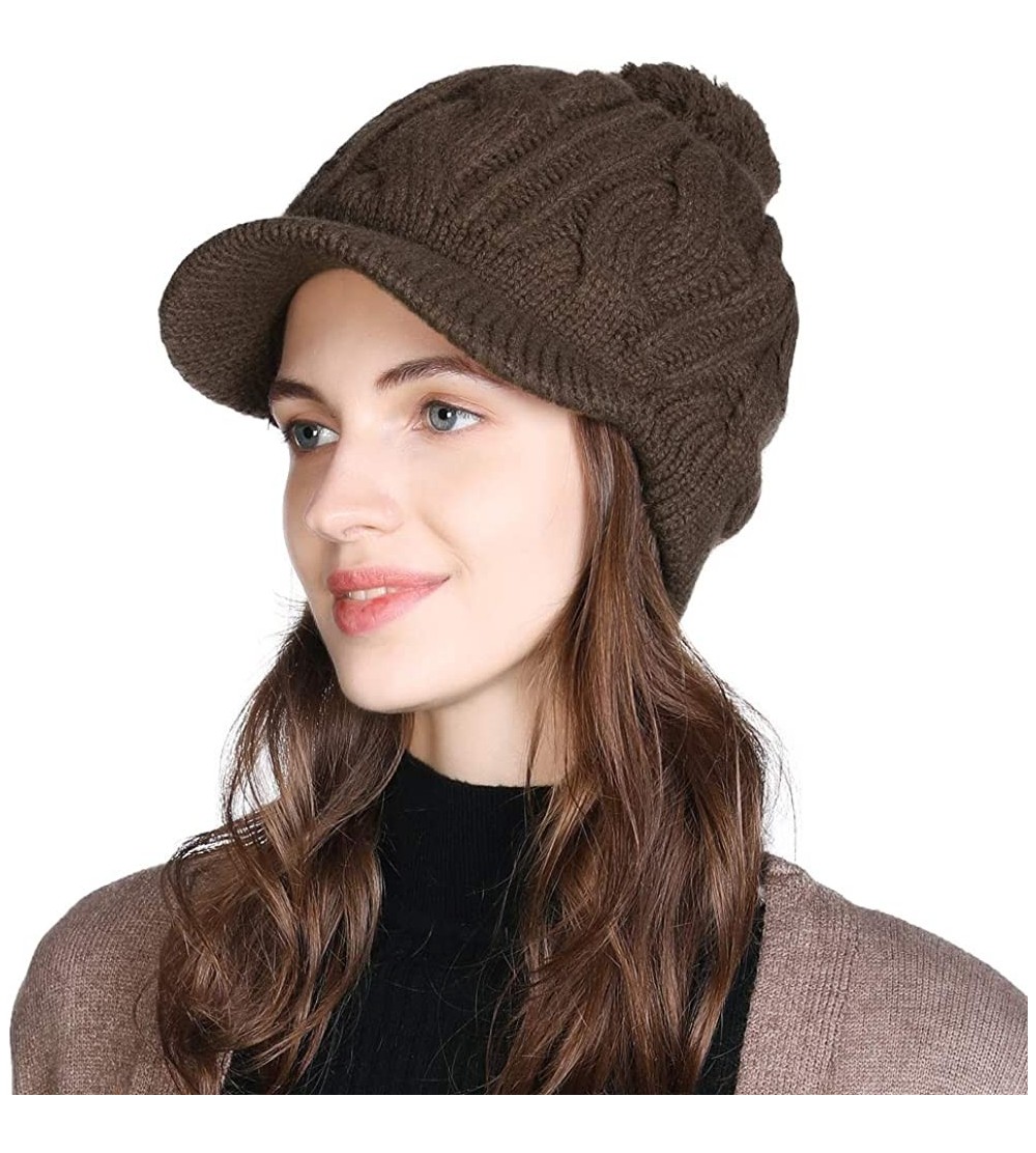 Skullies & Beanies Women's 100% Wool Knit Visor Beanie Newsboy Cap - 00778brown - CD18ZKN99X7 $16.22