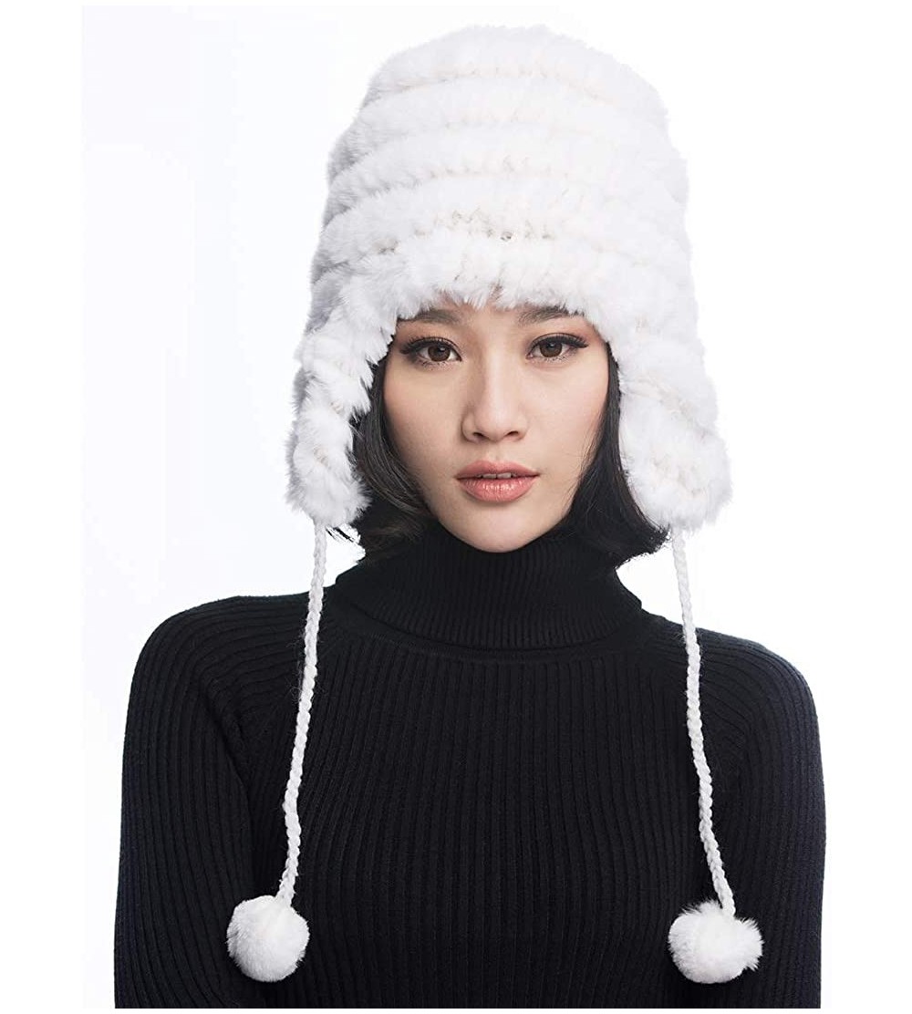 Bomber Hats Women's Rex Rabbit Fur Hats Winter Ear Cap Flexible Multicolor - White - CE11FG5AP5F $17.94