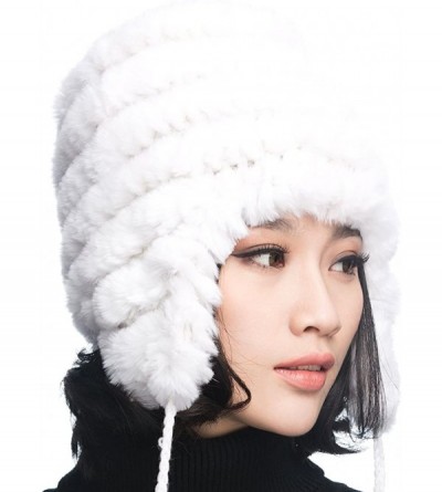 Bomber Hats Women's Rex Rabbit Fur Hats Winter Ear Cap Flexible Multicolor - White - CE11FG5AP5F $17.94