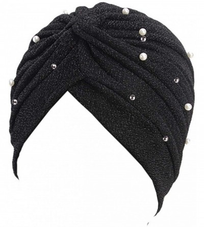 Skullies & Beanies Shiny Turban Hat Headwraps Twist Pleated Hair Wrap Stretch Turban - Black - CR18Y50N0ZE $22.27
