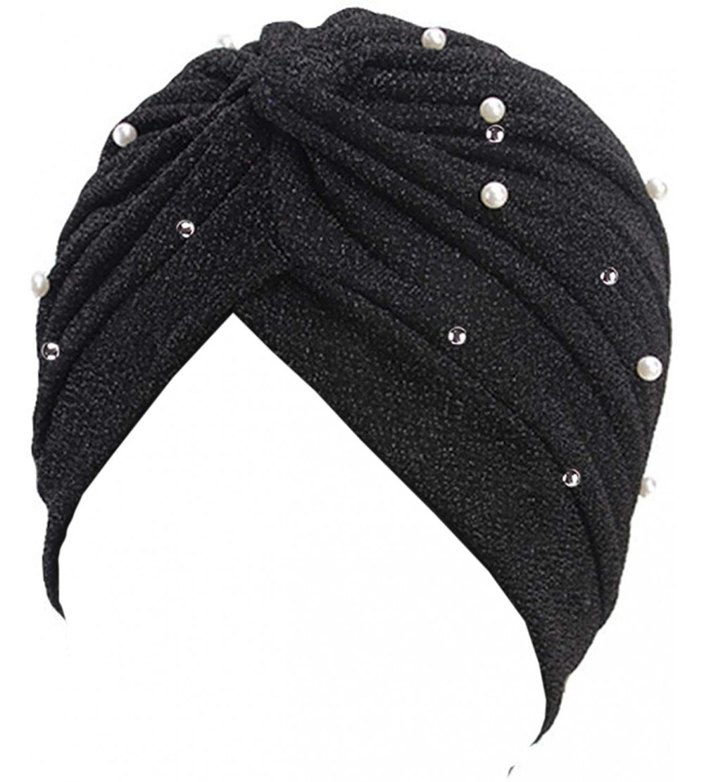 Skullies & Beanies Shiny Turban Hat Headwraps Twist Pleated Hair Wrap Stretch Turban - Black - CR18Y50N0ZE $11.65
