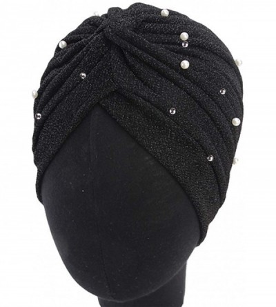 Skullies & Beanies Shiny Turban Hat Headwraps Twist Pleated Hair Wrap Stretch Turban - Black - CR18Y50N0ZE $11.65