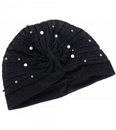 Skullies & Beanies Shiny Turban Hat Headwraps Twist Pleated Hair Wrap Stretch Turban - Black - CR18Y50N0ZE $11.65