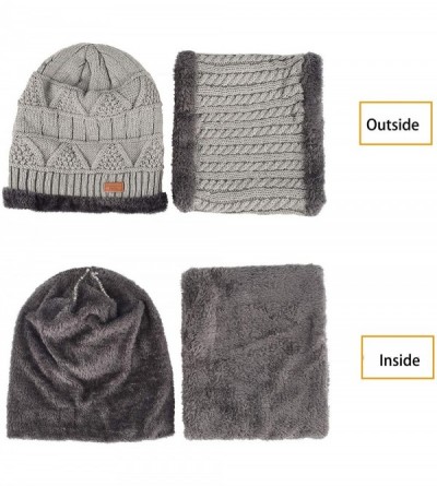 Skullies & Beanies 2-Pieces Winter Beanie Hat Scarf Set Warm Hat Thick Knit Skull Cap Fleece Lined for Men Women - Grey - CS1...