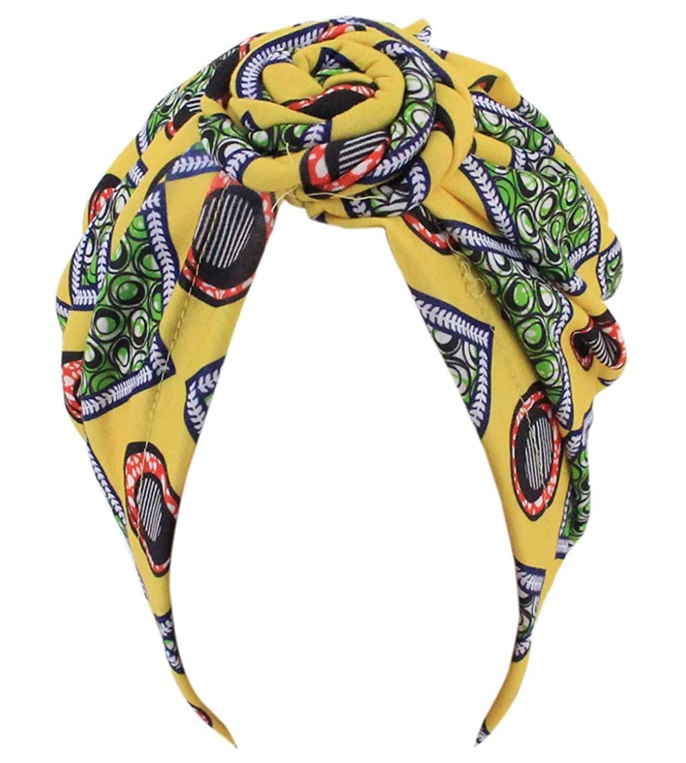Skullies & Beanies Women Pleated Twist Turban African Printing India Chemo Cap Hairwrap Headwear - Yellow - CZ18RN54MZ4 $11.45