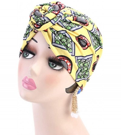 Skullies & Beanies Women Pleated Twist Turban African Printing India Chemo Cap Hairwrap Headwear - Yellow - CZ18RN54MZ4 $11.45