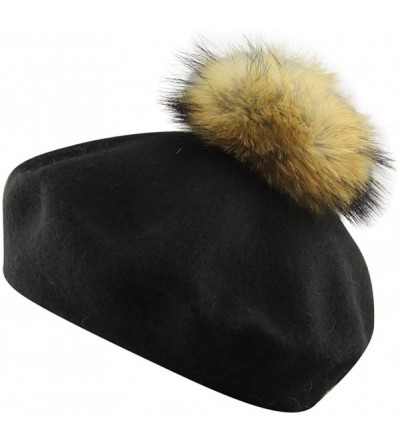 Berets Womens French Artist Wool Beret Fur Pompom Hats - Black - CR18KGN4YN7 $13.33