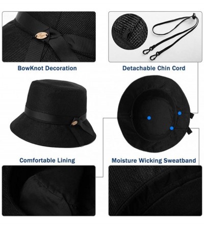 Sun Hats Packable UPF Straw Sunhat Women Summer Beach Wide Brim Fedora Travel Hat 54-59CM - 00705_black - CC18RK9Y54A $20.55