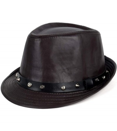 Fedoras Men's Trilby Fedora Hats Classic Manhattan Structured Wool Felt Short Brim Rivet Trilby Hat - Brown Leather - C118XQ0...