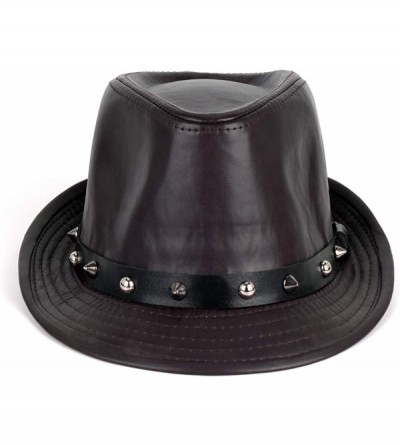 Fedoras Men's Trilby Fedora Hats Classic Manhattan Structured Wool Felt Short Brim Rivet Trilby Hat - Brown Leather - C118XQ0...