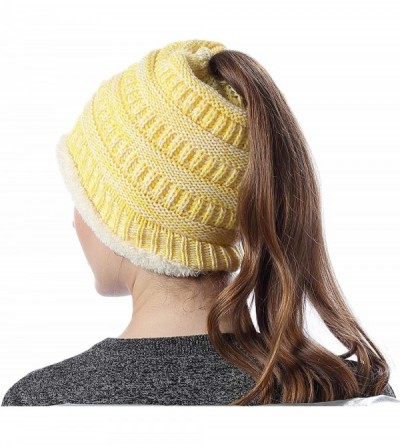 Skullies & Beanies Womens Ponytail Beanie Hats Warm Fuzzy Lined Soft Stretch Cable Knit Messy High Bun Cap - Yellow Mix - CX1...