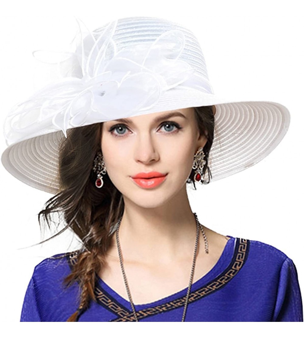 Sun Hats Kentucky Derby Church Dress Hat Wide Brim Leaf Flower Bridal Shower Hat - White - CE18CG7WU0D $21.61