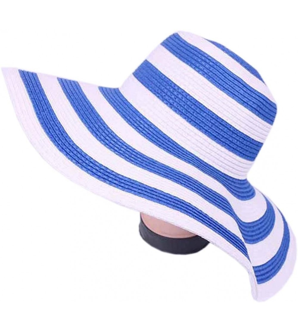 Sun Hats Women's British Elegant Floppy Wide Brim Striped Straw Beach Sun Hat - Diff Colors - Blue - C018Q6L3HZW $31.91