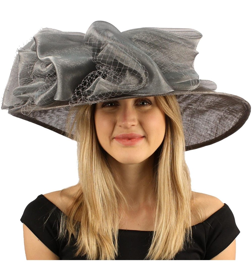 Sun Hats Fancy Kentucky Derby Floppy Big Layer Fishnet Sheen Ribbon Bow Church Hat - Gray - C411CGWMDO3 $41.50