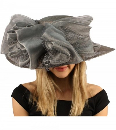 Sun Hats Fancy Kentucky Derby Floppy Big Layer Fishnet Sheen Ribbon Bow Church Hat - Gray - C411CGWMDO3 $41.50