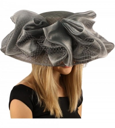 Sun Hats Fancy Kentucky Derby Floppy Big Layer Fishnet Sheen Ribbon Bow Church Hat - Gray - C411CGWMDO3 $41.50