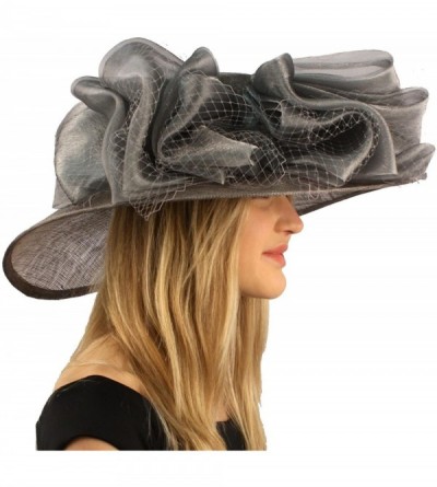 Sun Hats Fancy Kentucky Derby Floppy Big Layer Fishnet Sheen Ribbon Bow Church Hat - Gray - C411CGWMDO3 $41.50