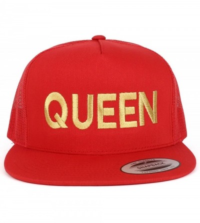 Baseball Caps Queen Gold Embroidered 5 Panel Flat Bill Mesh Cap - Red - CG18D5LSIIO $20.09