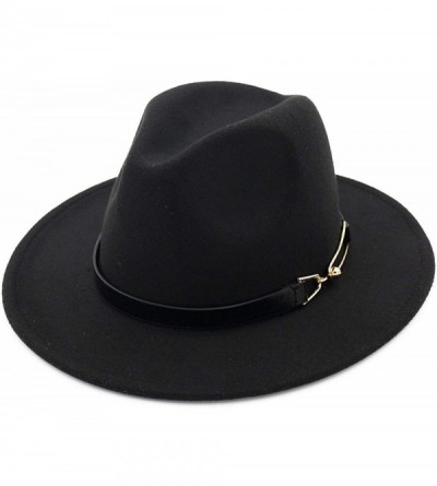 Fedoras Women Men Wool Felt Fedora Hats with Belt Buckle Wide Flat Brim Jazz Party Formal hat Panama Cap - Black - C018OYU34T...