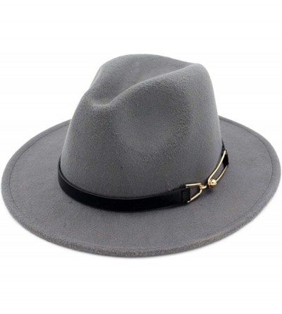 Fedoras Women Men Wool Felt Fedora Hats with Belt Buckle Wide Flat Brim Jazz Party Formal hat Panama Cap - Black - C018OYU34T...