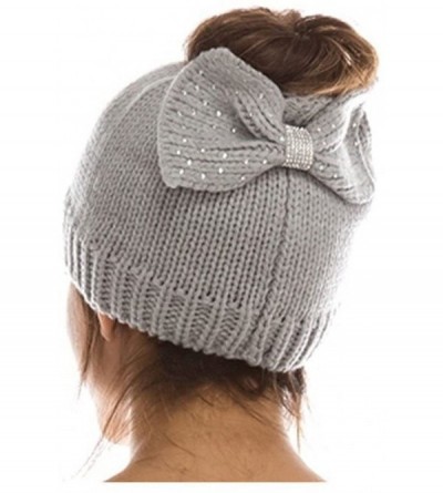 Skullies & Beanies Bow Tie Knit Messy High Bun Ponytail Hole Skull Beanie Hat Grey - C018I9S0OR9 $18.41