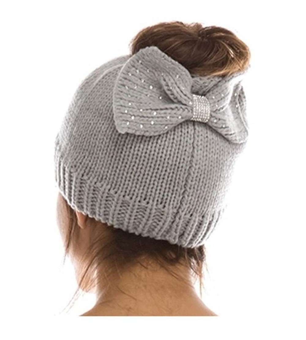 Skullies & Beanies Bow Tie Knit Messy High Bun Ponytail Hole Skull Beanie Hat Grey - C018I9S0OR9 $18.41