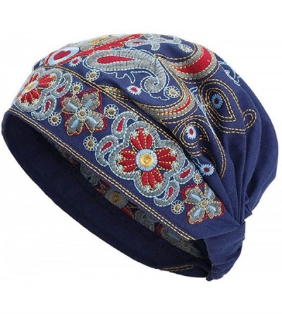 Skullies & Beanies Women Summer Vintage Embroidery Ethnic Beanie Hat Cotton Elastic Turban Caps - Blue - C118LNW838M $21.27
