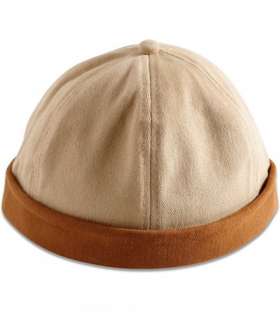 Skullies & Beanies Brimless Adjustable Docker Hat Beanie - Retro Cotton No Visor Cap Men and Women - Sand W/ Tan Cuff - CW18W...