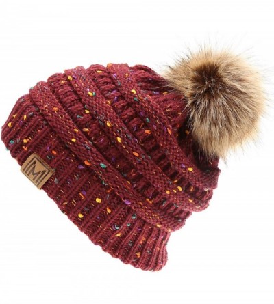 Skullies & Beanies Women's Soft Stretch Cable Knit Warm Skully Faux Fur Pom Pom Beanie Hats - Confetti - Burgundy - CN18W3UZL...