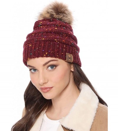 Skullies & Beanies Women's Soft Stretch Cable Knit Warm Skully Faux Fur Pom Pom Beanie Hats - Confetti - Burgundy - CN18W3UZL...