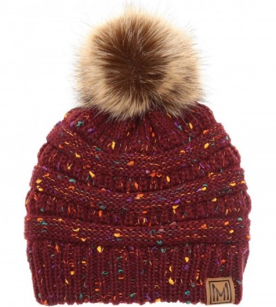 Skullies & Beanies Women's Soft Stretch Cable Knit Warm Skully Faux Fur Pom Pom Beanie Hats - Confetti - Burgundy - CN18W3UZL...