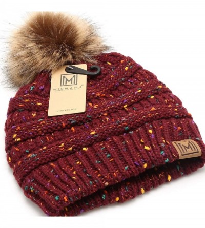 Skullies & Beanies Women's Soft Stretch Cable Knit Warm Skully Faux Fur Pom Pom Beanie Hats - Confetti - Burgundy - CN18W3UZL...