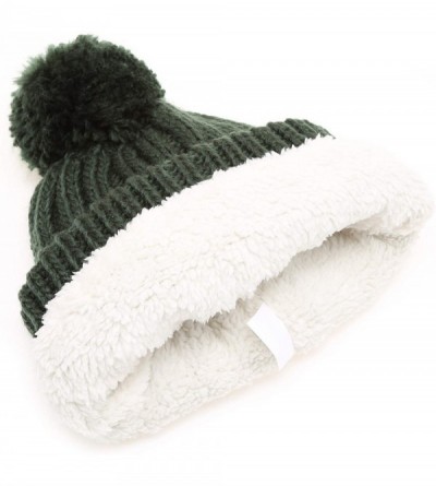 Skullies & Beanies Women's Oversized Chunky Soft Warm Rib Knit Pom Pom Beanie Hat with Sherpa Lined - Dark Green - CW18IGUI6L...