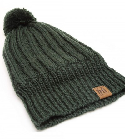 Skullies & Beanies Women's Oversized Chunky Soft Warm Rib Knit Pom Pom Beanie Hat with Sherpa Lined - Dark Green - CW18IGUI6L...