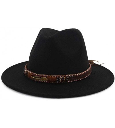 Fedoras Men Women Ethnic Felt Fedora Hat Wide Brim Panama Hats with Band - Black - CA18L2S2966 $30.16
