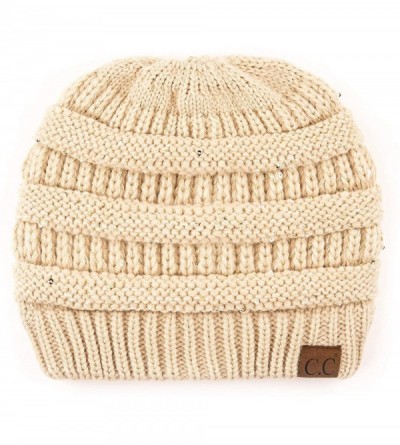 Skullies & Beanies Messy Bun Ponytail Magic Magic Sequin Beanie Hat Bundle Hair Tie (MB-730) - Beige - C218SICCEQY $17.95