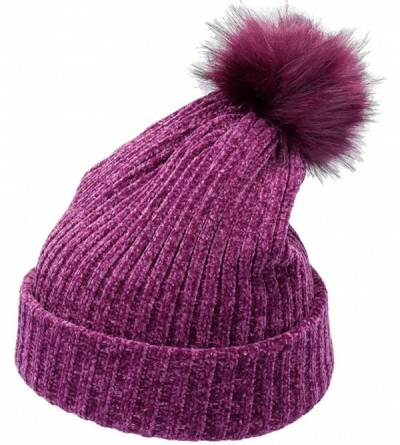 Skullies & Beanies Women's Winter Pom Pom Beanie Hat Chunky Baggy Knit Hats Warm Slouchy Ski Cap - Dark Purple - CL18M6HE644 ...