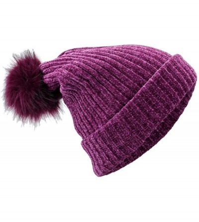 Skullies & Beanies Women's Winter Pom Pom Beanie Hat Chunky Baggy Knit Hats Warm Slouchy Ski Cap - Dark Purple - CL18M6HE644 ...