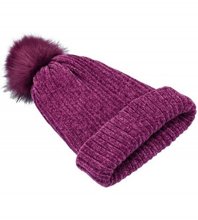 Skullies & Beanies Women's Winter Pom Pom Beanie Hat Chunky Baggy Knit Hats Warm Slouchy Ski Cap - Dark Purple - CL18M6HE644 ...