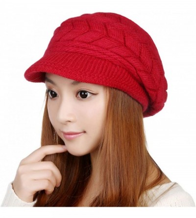 Skullies & Beanies Womens Snow Warm Knitted Winter Wool Beanies Hats For Women Slouchy Cap With Visor - Women Red - CJ18HCR8Q...
