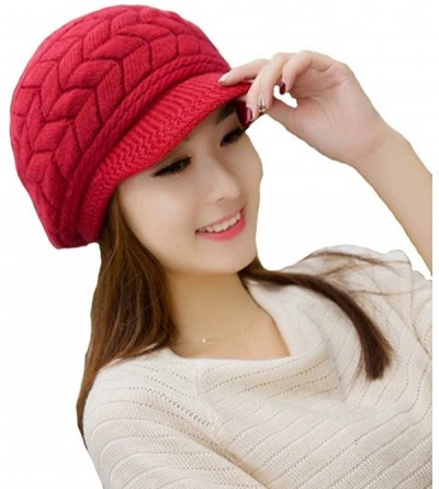 Skullies & Beanies Womens Snow Warm Knitted Winter Wool Beanies Hats For Women Slouchy Cap With Visor - Women Red - CJ18HCR8Q...