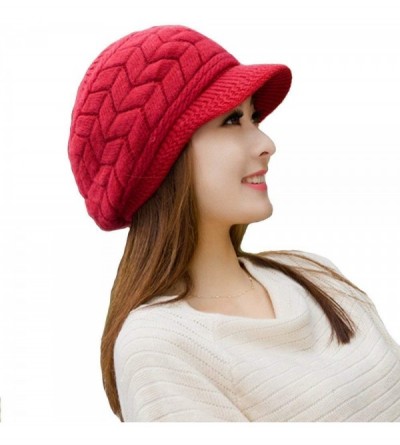 Skullies & Beanies Womens Snow Warm Knitted Winter Wool Beanies Hats For Women Slouchy Cap With Visor - Women Red - CJ18HCR8Q...