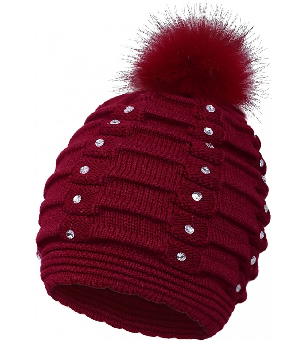 Skullies & Beanies Horizontal Cable Knit Beanie with Sequins and Faux Fur Pompom - Burgundy - CR185LW907M $6.82